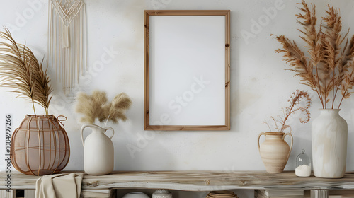 frame mockup in nomadic boho kitchen interior with rustic decor, 3d render highlighted by white, png photo