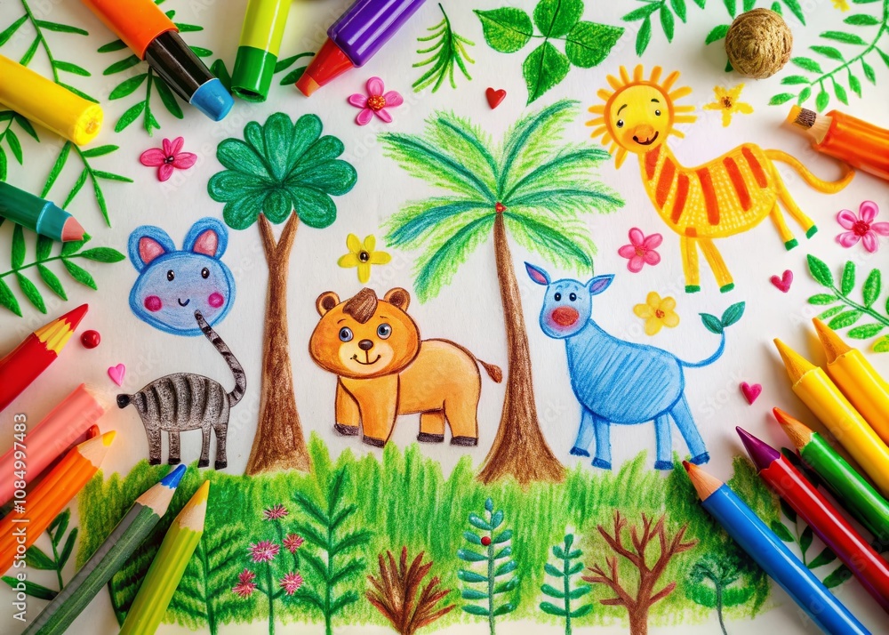 Fototapeta premium Adorable Wax Crayon Jungle Drawings by a Child Featuring Doodles of Animals and Plants in a Minimalist Style, Perfect for Capturing Innocence and Creativity in Art