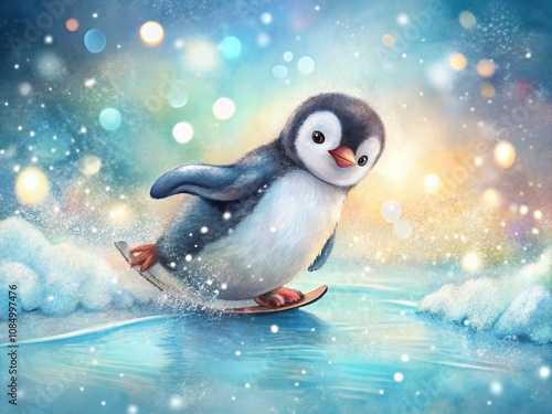 Adorable watercolor illustration of a cute little penguin joyfully sliding on ice, surrounded by a dreamy bokeh effect that enhances the enchanting winter scene.