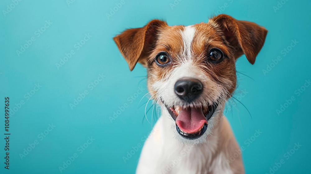 Happy Small Dog with Brown and White Fur Against a Bright Blue Background, Showcasing Its Playful Expression and Cheerful Nature for Pet Enthusiasts and Advertisements Happy Small Dog with Brown and White Fur Against a Bright Blue Background, Showcasing Its Playful Expression and Cheerful Nature for Pet Enthusiasts and Advertisements