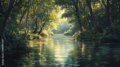 8.A peaceful river flowing gently through a lush forest, with sunlight filtering through the canopy of trees and casting dappled light on the water. The tranquil scene is enhanced by the gentle