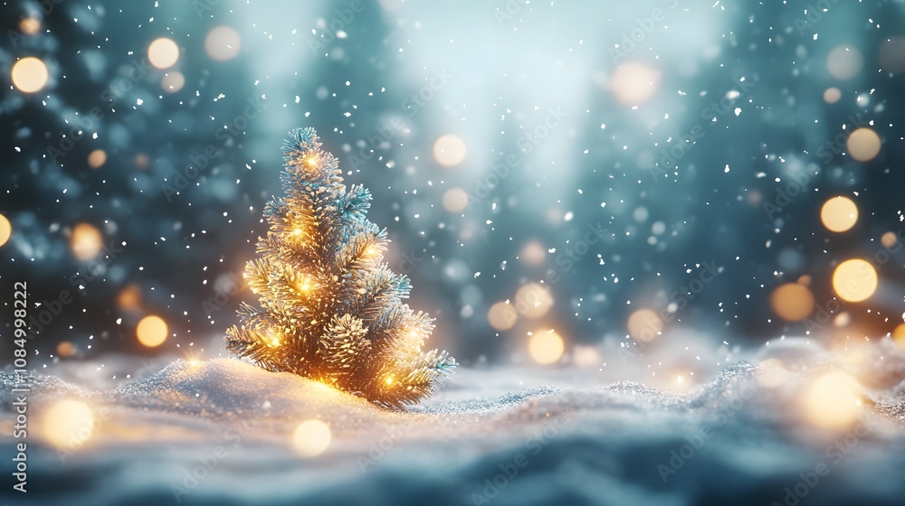 A Christmas tree adorned with golden lights stands in a snowy forest at sunset, creating a warm, magical holiday atmosphere.. A Christmas tree adorned with golden lights stands in a snowy forest at sunset, creating a warm, magical holiday atmosphere..