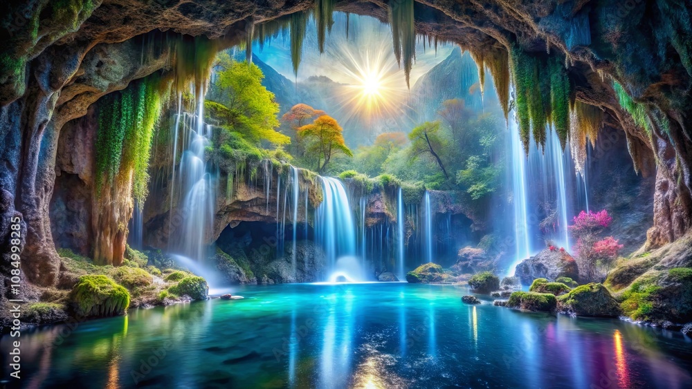 A Cave Overlooks a Pristine Waterfall Cascade and Sun-Kissed Pool in a Lush, Tranquil Forest A Cave Overlooks a Pristine Waterfall Cascade and Sun-Kissed Pool in a Lush, Tranquil Forest