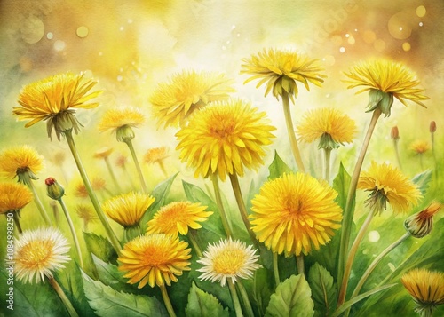 Aerial Photography of Yellow Dandelion Flowers in a Vibrant Botanical Watercolor Style, Showcasing Nature's Beauty and Colorful Floral Illustrations