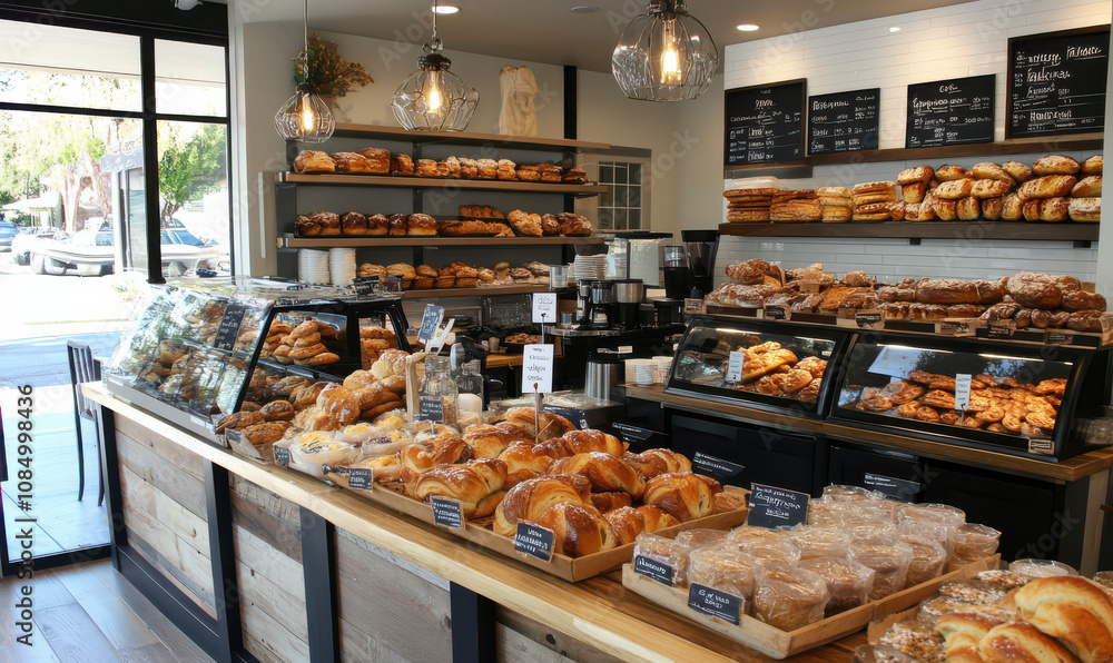Rustic bakery interior, filled with freshly baked bread and pastries, evokes warmth and delicious aromas Rustic bakery interior, filled with freshly baked bread and pastries, evokes warmth and delicious aromas