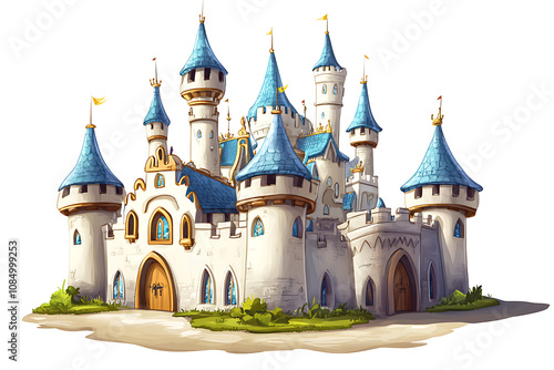 A whimsical fairy tale castle with blue turrets and golden flags, ideal for fantasy themes.