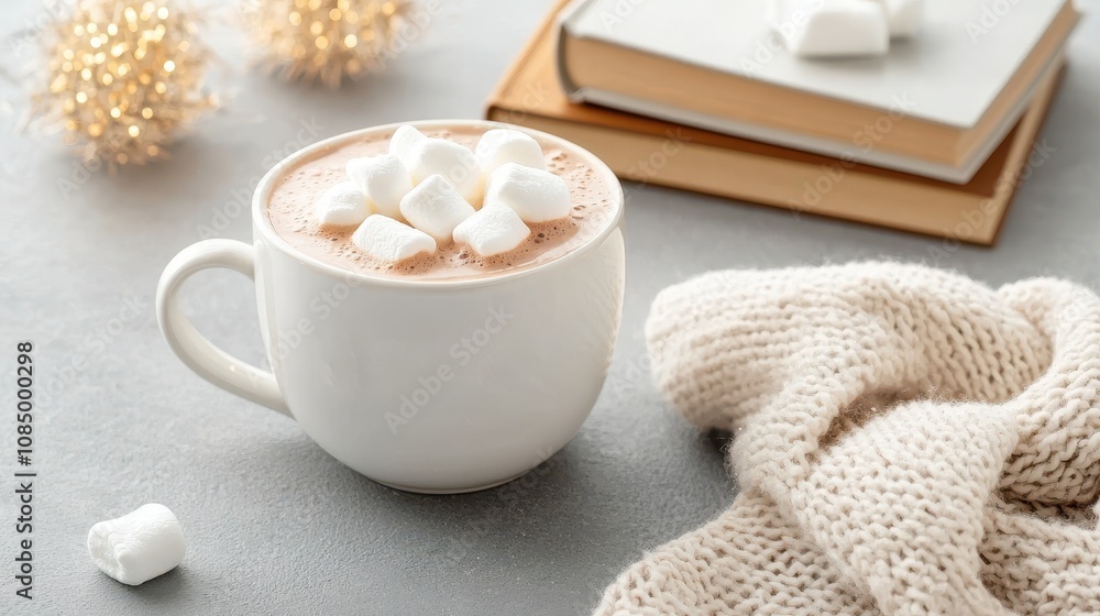Cozy Hot Chocolate with Marshmallows in White Mug on Grey Surface Surrounded by Warm Knitting and Decorative Lights for Winter Season Atmosphere Cozy Hot Chocolate with Marshmallows in White Mug on Grey Surface Surrounded by Warm Knitting and Decorative Lights for Winter Season Atmosphere
