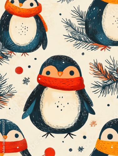 A group of penguins are wearing red scarves and standing in front of a tree