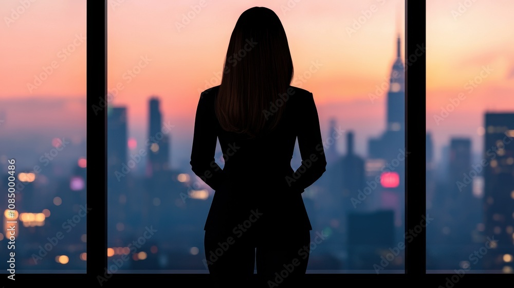 Fototapeta premium Silhouette of a Businesswoman Gazing at a City Skyline During Sunset with Beautiful Colors Reflecting in the Glass Windows from a High Rise Building