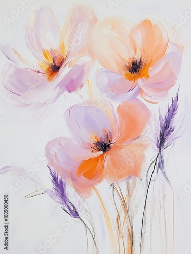 Soft, pastel acrylic flowers painted with smooth, flowing strokes in light pink, peach, and lavender, set against a minimalist white canvas for a calming effect.