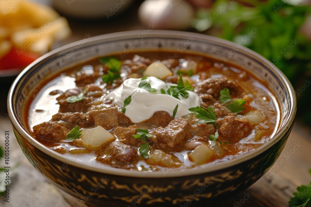 Delicious and Hearty Meat Stew with Fresh Parsley and Creamy Topping in Decorative Bowl Surrounded by Fresh Ingredients and Vegetables Delicious and Hearty Meat Stew with Fresh Parsley and Creamy Topping in Decorative Bowl Surrounded by Fresh Ingredients and Vegetables