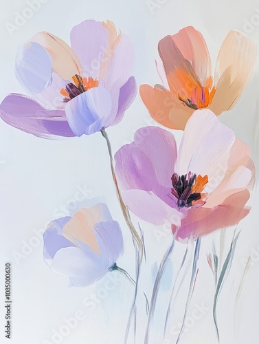 Soft, pastel acrylic flowers painted with smooth, flowing strokes in light pink, peach, and lavender, set against a minimalist white canvas for a calming effect.