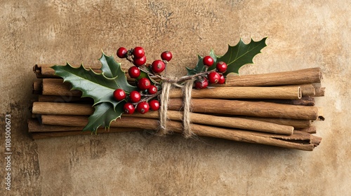 A bundle of cinnamon sticks with twine and holly berries, isolated on a warm rustic background photo