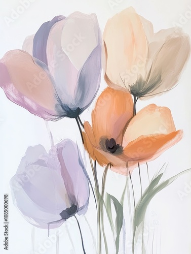 Soft, pastel acrylic flowers painted with smooth, flowing strokes in light pink, peach, and lavender, set against a minimalist white canvas for a calming effect.