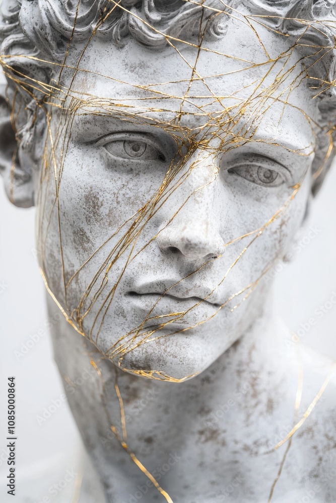 Stoic Marble Sculpture with Kintsugi Gold Accents in a Surreal Abstract Galaxy Universe Stoic Marble Sculpture with Kintsugi Gold Accents in a Surreal Abstract Galaxy Universe