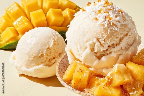 Delicious mango ice cream with fresh mango chunks and coconut garnish.
