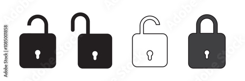 Lock or padlock vector icon set. Security protection keyhole sign. Safety password confidential symbol. Privacy access or permission isolated illustration. Line, outline, filled black web buttons.