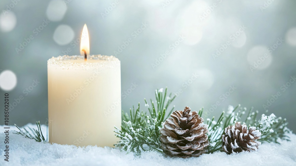 Holiday pine cone candle with fresh greenery, isolated with a subtle wintery background Holiday pine cone candle with fresh greenery, isolated with a subtle wintery background