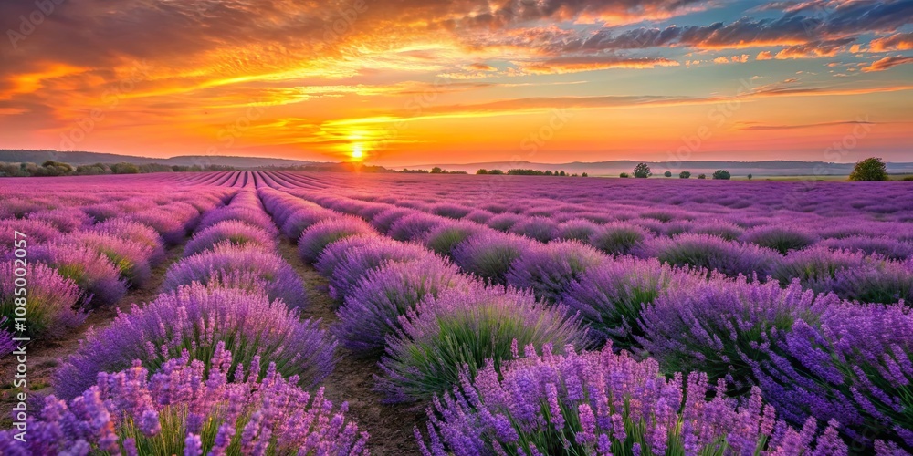 A vibrant purple sea of lavender blossoms, stretching as far as the eye can see, bathed in the warm glow of a radiant sunrise, casting long shadows across the field A vibrant purple sea of lavender blossoms, stretching as far as the eye can see, bathed in the warm glow of a radiant sunrise, casting long shadows across the field