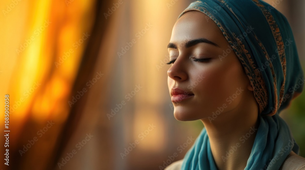 Young woman in a headscarf sitting peacefully indoors, focusing on mindfulness and relaxation in a warm atmosphere Young woman in a headscarf sitting peacefully indoors, focusing on mindfulness and relaxation in a warm atmosphere
