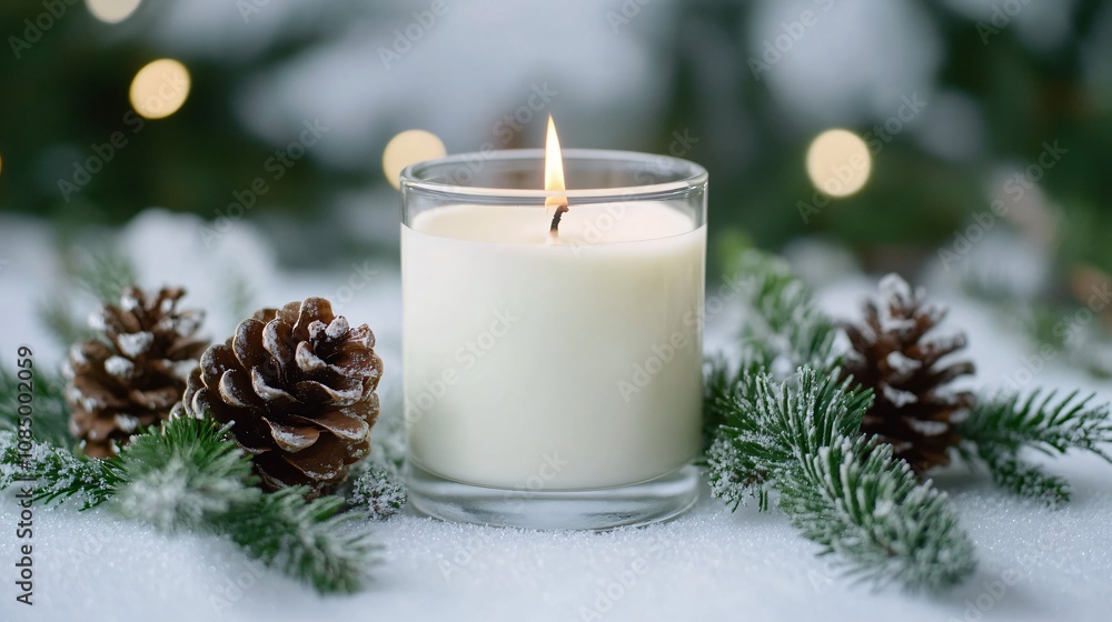 Holiday pine cone candle with fresh greenery, isolated with a subtle wintery background Holiday pine cone candle with fresh greenery, isolated with a subtle wintery background