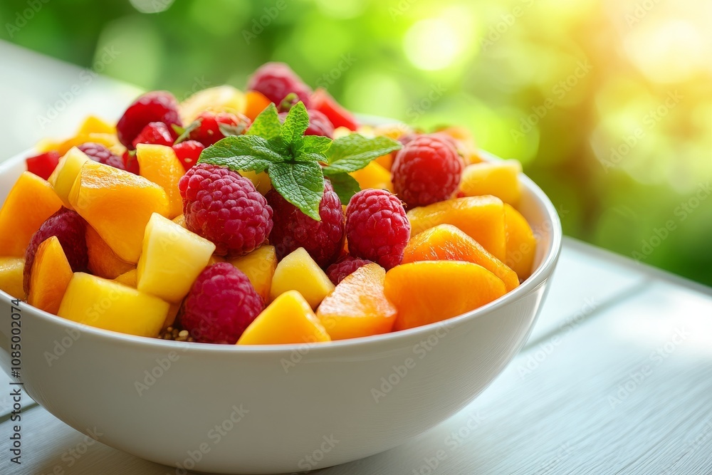 Fresh and Colorful Fruit Salad in a Bowl, Featuring Juicy Mango, Ripe Peaches, Sweet Raspberries, and Fresh Mint Leaves on a Bright Sunny Day Fresh and Colorful Fruit Salad in a Bowl, Featuring Juicy Mango, Ripe Peaches, Sweet Raspberries, and Fresh Mint Leaves on a Bright Sunny Day