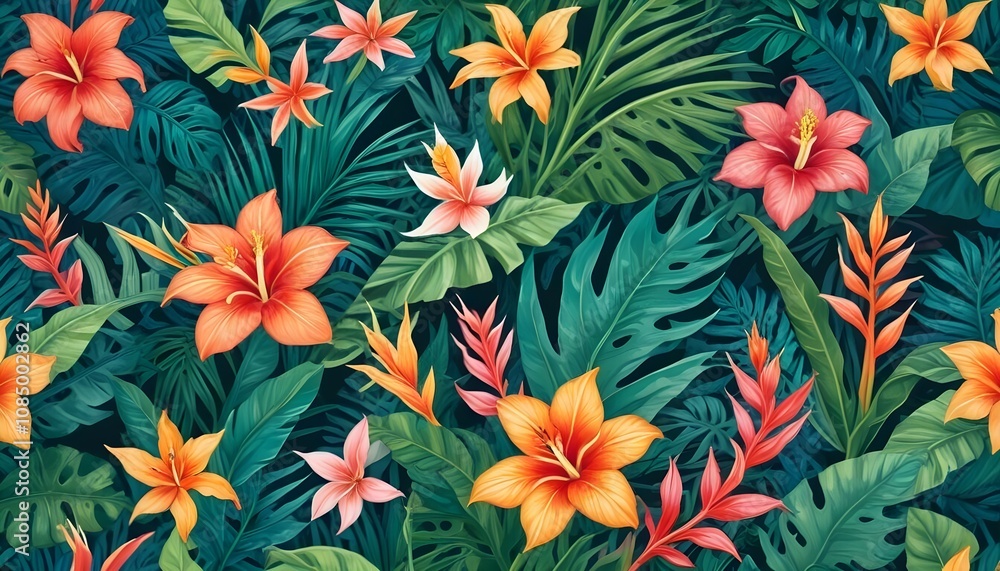 Tropical exotic pattern with animal and flowers in bright colors and lush vegetationn Tropical exotic pattern with animal and flowers in bright colors and lush vegetationn