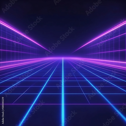 Wallpaper Mural Retro Futuristic Landscape with Neon Grid and Sunset Torontodigital.ca