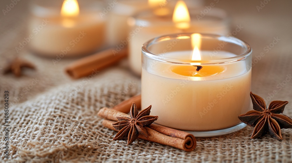 Traditional holiday tea candles with cinnamon sticks and star anise, isolated on a warm neutral background Traditional holiday tea candles with cinnamon sticks and star anise, isolated on a warm neutral background