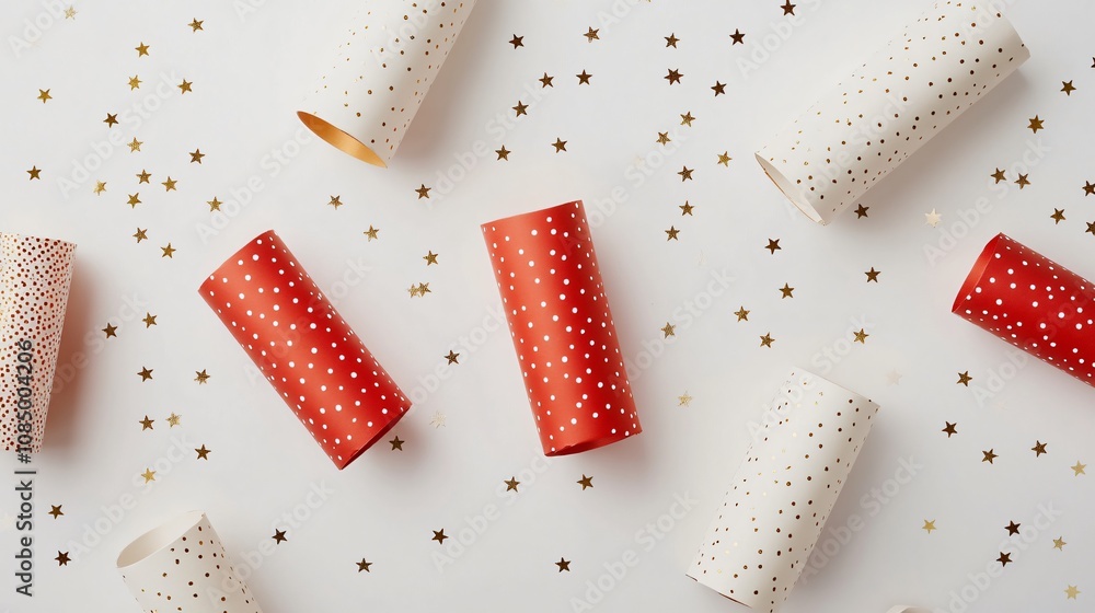 Fototapeta premium Traditional red and white Christmas crackers, isolated with tiny gold stars scattered around