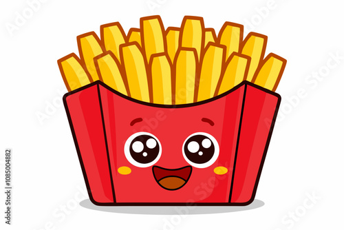 Happy Cartoon French Fries in Red Box. A vibrant cartoon illustration of a happy box of French fries with a smiling face, placed against a bright yellow background. The fries are golden and crisp.