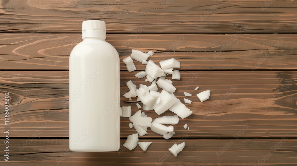 organic coconut essential oil.A white bottle spills chunks of a solid substance on a wooden surface, creating a visually interesting contrast. organic coconut essential oil.A white bottle spills chunks of a solid substance on a wooden surface, creating a visually interesting contrast.