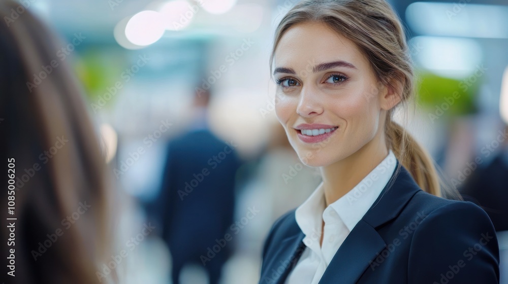 A young businesswoman smiles warmly at the camera while standing in a crowded business setting. A young businesswoman smiles warmly at the camera while standing in a crowded business setting.