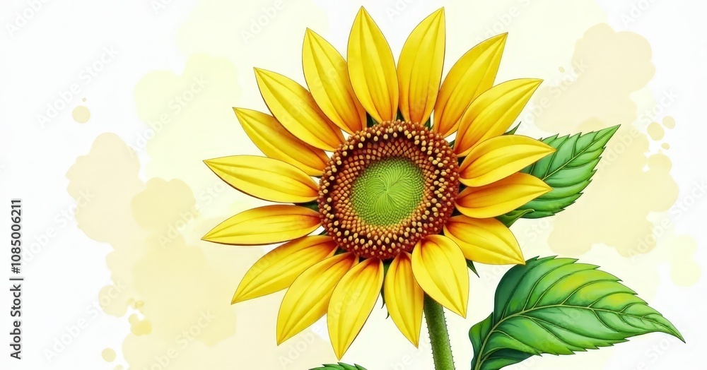 Fototapeta premium Vibrant Sunflower Watercolor Art with Detailed Texture and Green Leaves for Eco Friendly Design