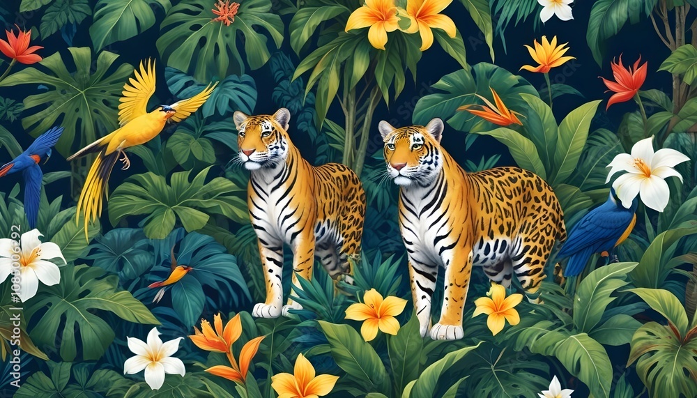 Tropical exotic pattern with animal and flowers in bright colors and lush vegetationn Tropical exotic pattern with animal and flowers in bright colors and lush vegetationn