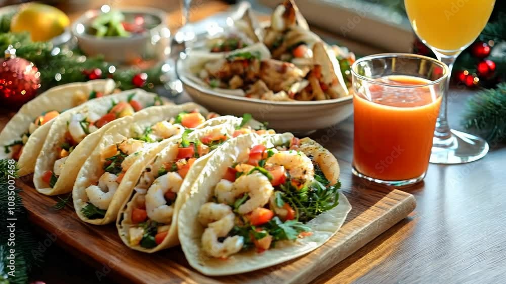 A vibrant display of shrimp tacos made with fresh vegetables and herbs. The festive atmosphere is enhanced by holiday decorations and a refreshing drink nearby, making it a perfect feast.