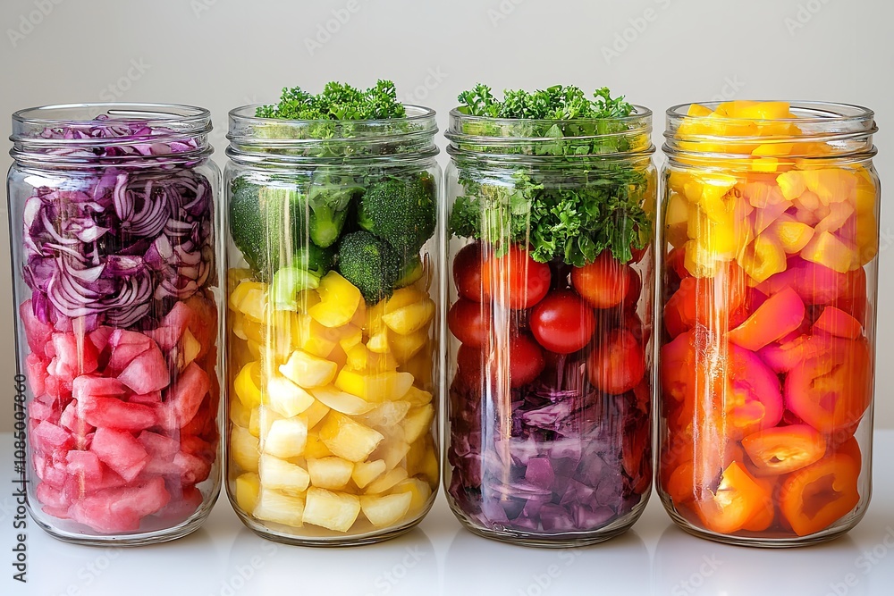 A variety of vibrant vegetables in glass jars that were sourced. Generative Ai A variety of vibrant vegetables in glass jars that were sourced. Generative Ai