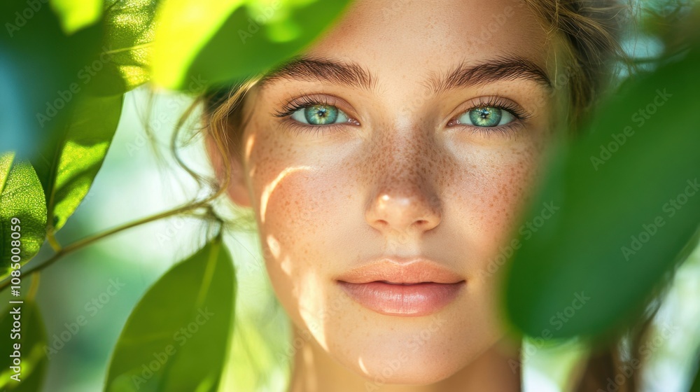 Close-up of a woman with glowing skin standing outdoors surrounded by greenery Close-up of a woman with glowing skin standing outdoors surrounded by greenery