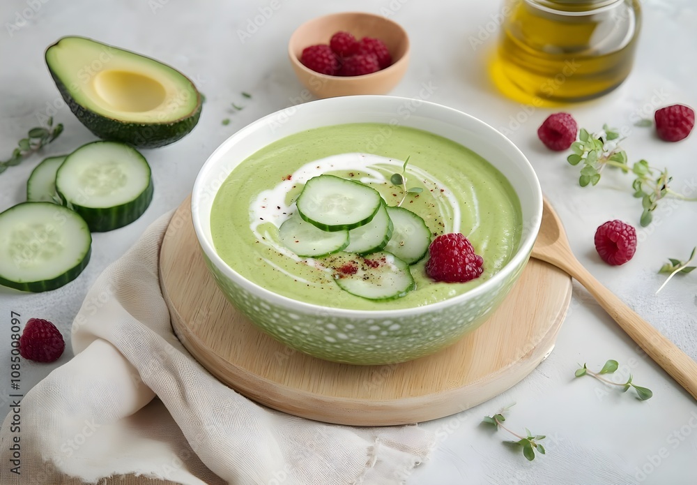 Elegant Green and White Bowl Filled with Cold Avocado Soup Garnished with Cucumber Slices and Raspberries on a Light Background Elegant Green and White Bowl Filled with Cold Avocado Soup Garnished with Cucumber Slices and Raspberries on a Light Background