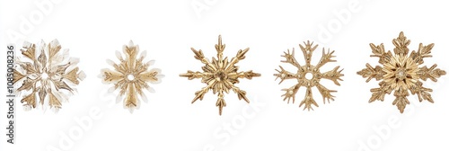 Five gold snowflakes isolated on white background.