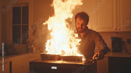 A man in a kitchen is trying to put out a fire in a pan on the stove.