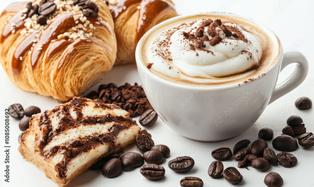 Warm cappuccino with croissants and pastry inviting aroma Warm cappuccino with croissants and pastry inviting aroma
