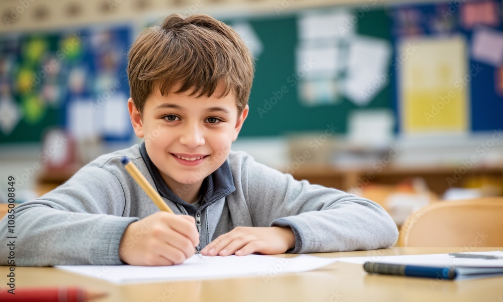 A smiling boy focused on writing at his table the vibrant atmosphere of the classroom A smiling boy focused on writing at his table the vibrant atmosphere of the classroom