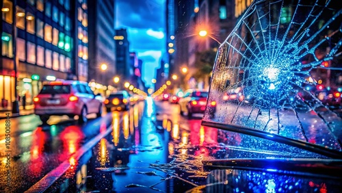 Broken Glass Reflects Blurred Lights of a City Police Vehicle on a Rainy Night – Captivating Architectural Photography of Urban Life and Emergency Response photo