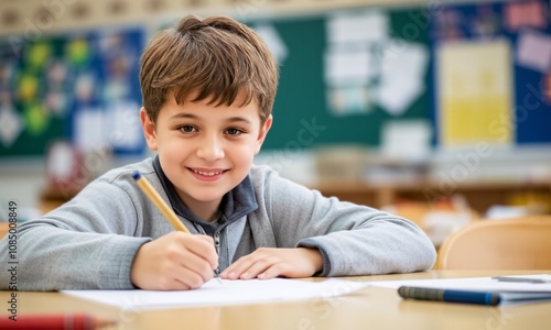 A smiling boy focused on writing at his table the vibrant atmosphere of the classroom