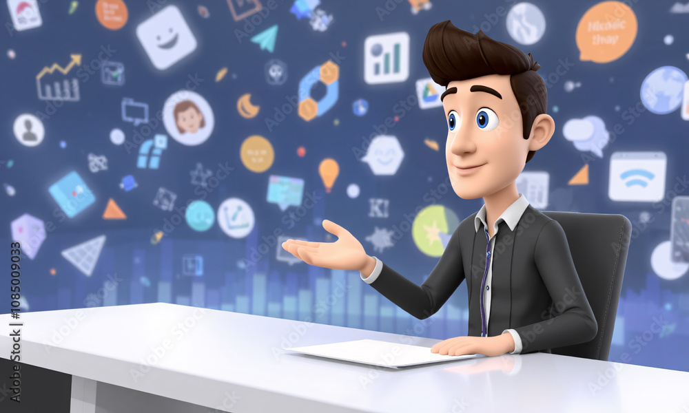 A 3D animated man in a casual business outfit sitting at a sleek desk giving a mentoring session A 3D animated man in a casual business outfit sitting at a sleek desk giving a mentoring session