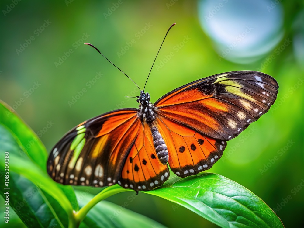 Obraz premium Solitary Heliconius Hecale Butterfly on Leaf - Drone Close-Up