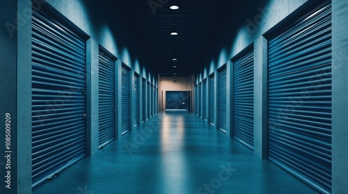 A well-maintained hallway lined with blue roller doors in a secure and organized self-storage facility