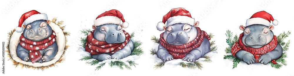 Watercolor clipart sticker Set of sleeping leisure pygmy hippos in Christmas vacation theme, Four cute hippos in festive Santa hats and scarves, showcasing a joyful holiday spirit Watercolor clipart sticker Set of sleeping leisure pygmy hippos in Christmas vacation theme, Four cute hippos in festive Santa hats and scarves, showcasing a joyful holiday spirit