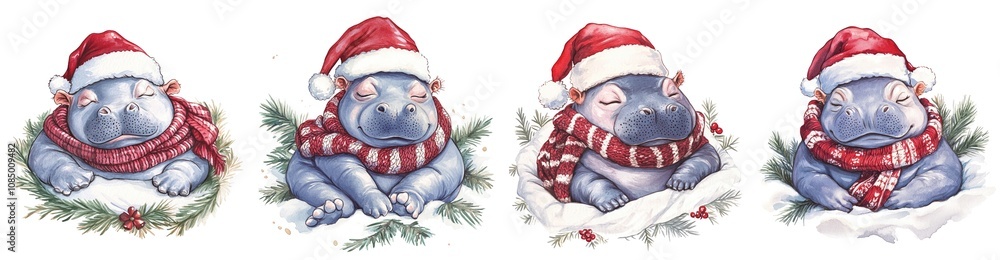 Watercolor clipart sticker Set of sleeping leisure pygmy hippos in Christmas vacation theme, Four adorable hippos wearing festive Santa hats, decorated with scarves, exuding a cheerful holiday spirit. Watercolor clipart sticker Set of sleeping leisure pygmy hippos in Christmas vacation theme, Four adorable hippos wearing festive Santa hats, decorated with scarves, exuding a cheerful holiday spirit.